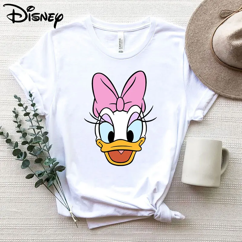 

Disney Fashion Cute Daisy Duck Face Cartoon Print Casual White Women T-Shirt O-Neck Tops Short Sleeve Summer Cotton Tee Shirt