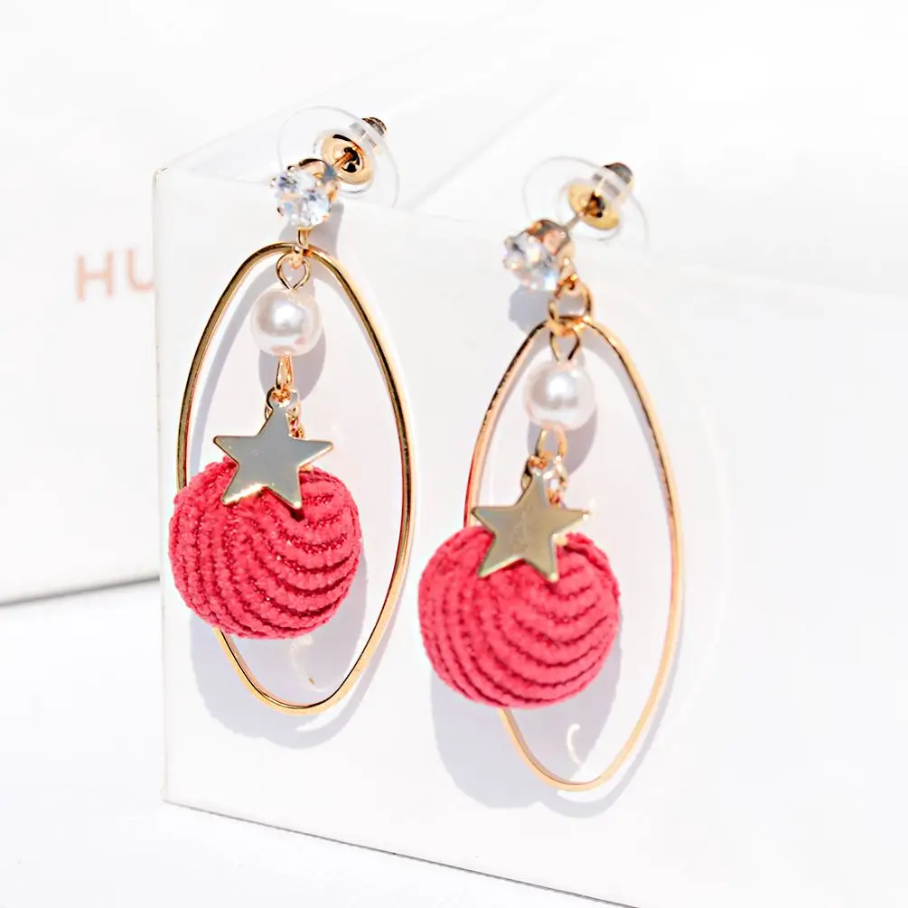 

Boho Hair Ball Dangle Drop Earrings White Crystal Alloy Star Pendant Jewelry for Women's Wedding Party Elegant Piercing Earrings