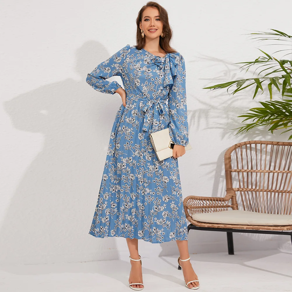 

Casual Vintage Bowknot Bandage Office Work Dresses for Women Woman 2023 Autumn Floral Print High Waist A-line Party Dress Belt