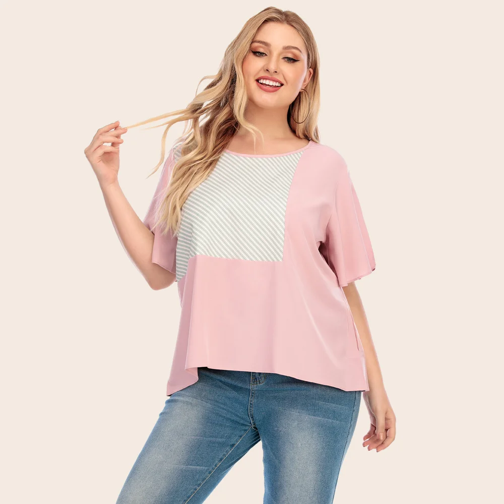 Plus Size Women's Clothing Fall Fashion Casual Loose Round Neck Pink Contrast Stripe Ladies T-shirt XL-4XL Oversize