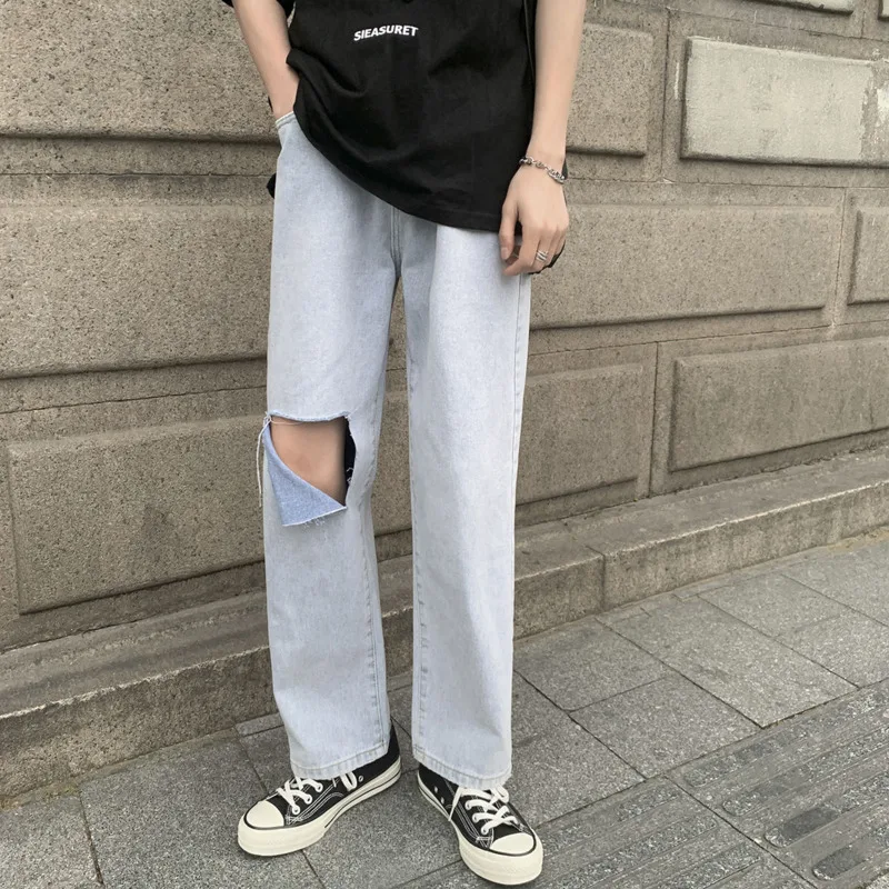 Summer Blue Hole Jeans Men Fashion Casual Straight Jeans Men Streetwear Loose Hip Hop Ripped Denim Pants Mens Trousers S-2XL