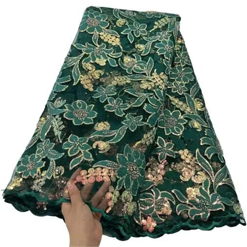 

Модные африканские бусины, Кружевная Ткань 5 ярдов, высококачественные лазерные зеленые/Золотые сетчатые кружева, нигерийские роскошные свадебные ткани