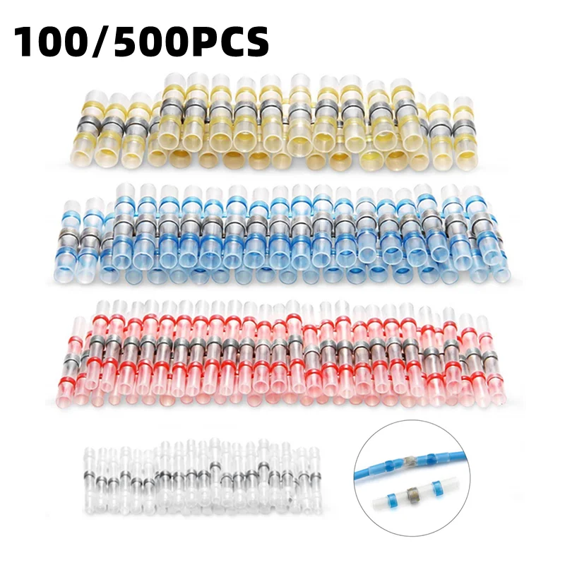 100/500PCS Solder Seal Wire Connectors Heat Shrink Insulated Electrical Connector Waterproof Cable Terminals Automotive Marine