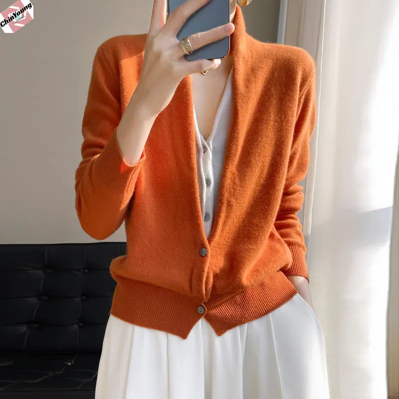 

Spring Women Wool Knitted Cardigans Fake Two-piece Sweaters V-neck Looks Thin Versatile Style Autumn Jumpers Coat Slim Elegance