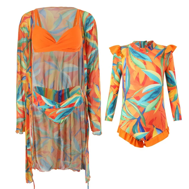 Семейные парные купальники для девочек Цельный купальник с принтом бикини мамы