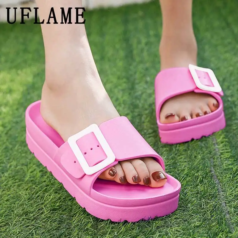 

Summer Women Slippers Solid Color Beach Sandals Thick Bottom Anti-slip Flat Shoes Fashion Buckle Design Slippers Bathroom Shoes