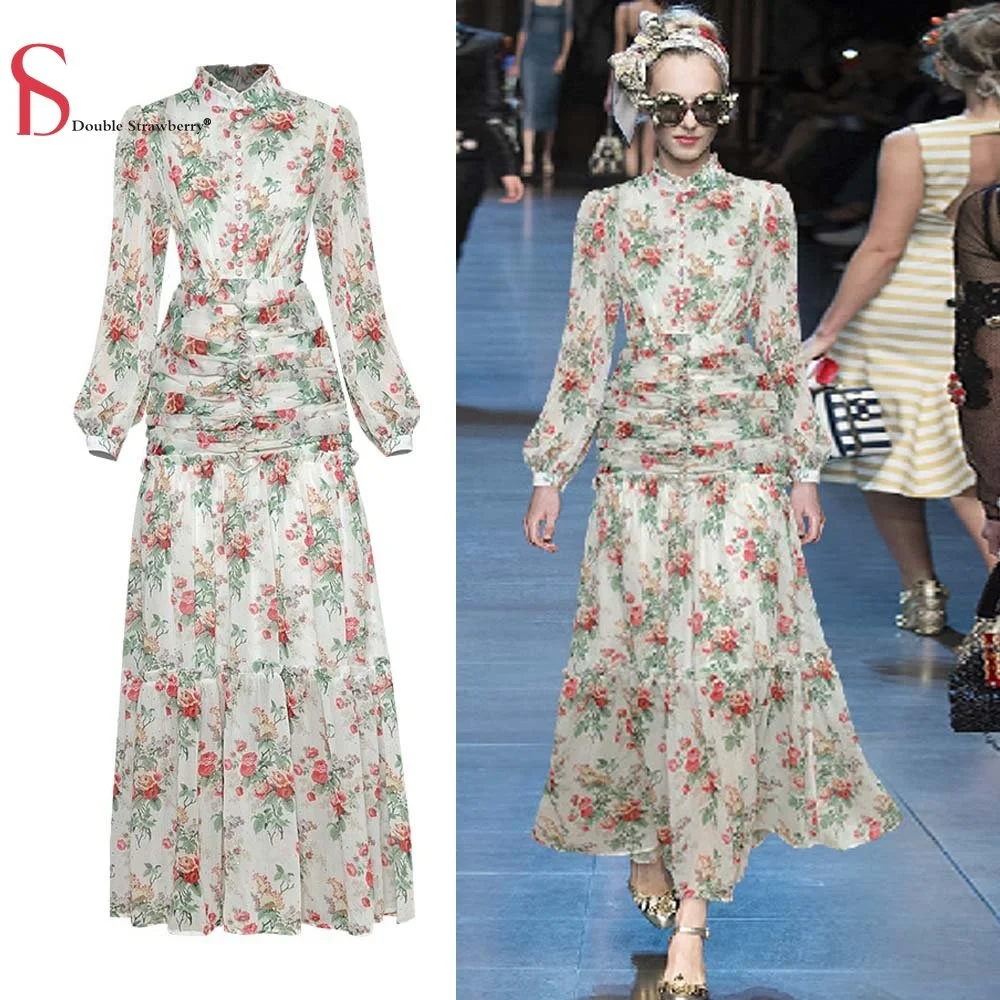 

Collar Stand Pleated Waist Large Hem Dresses Women's New Style Temperament Lantern Sleeve Floral Long Dress