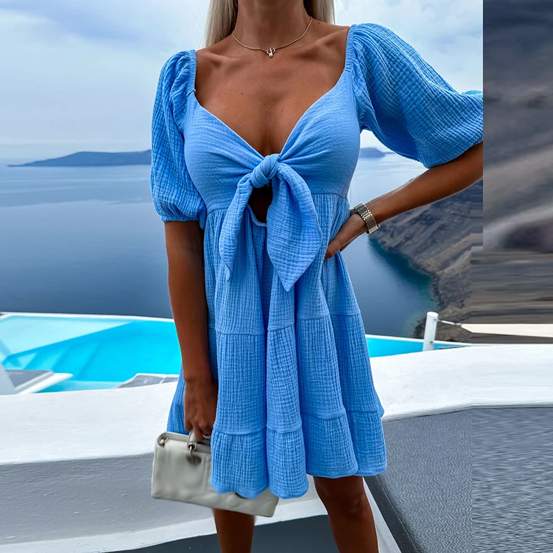 

Female Solid Color Pleated Mini Dress Elegant Casual Short Sleeve Bow Lace-up Dress Summer High Waist A-line Beach Holiday Dress