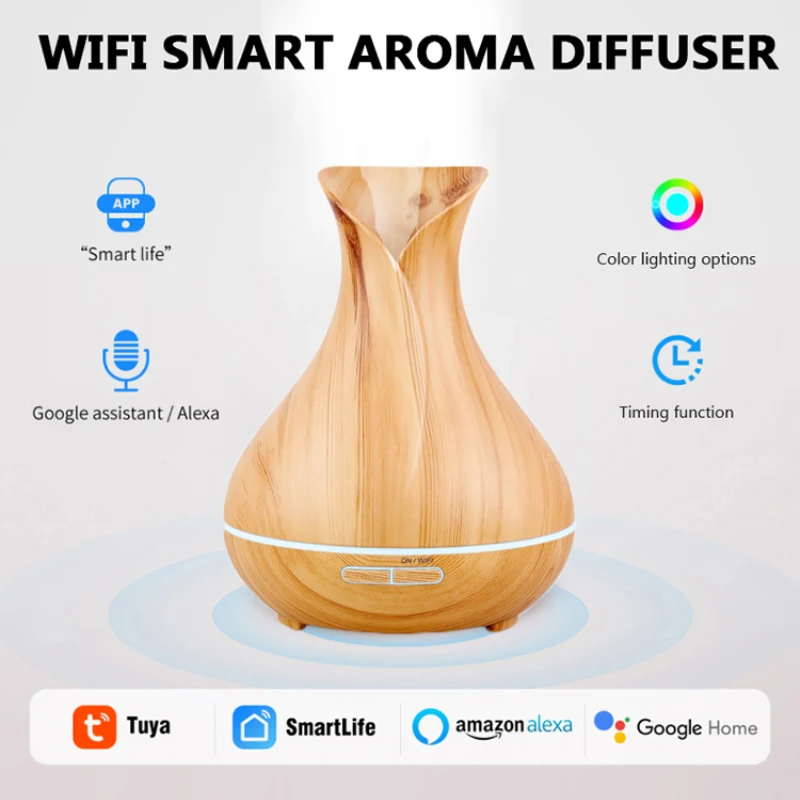 

Умный WiFi-диффузор Aubess Tuya, разноцветное освещение, два режима интенсивности, дистанционное управление через приложение Smart Life
