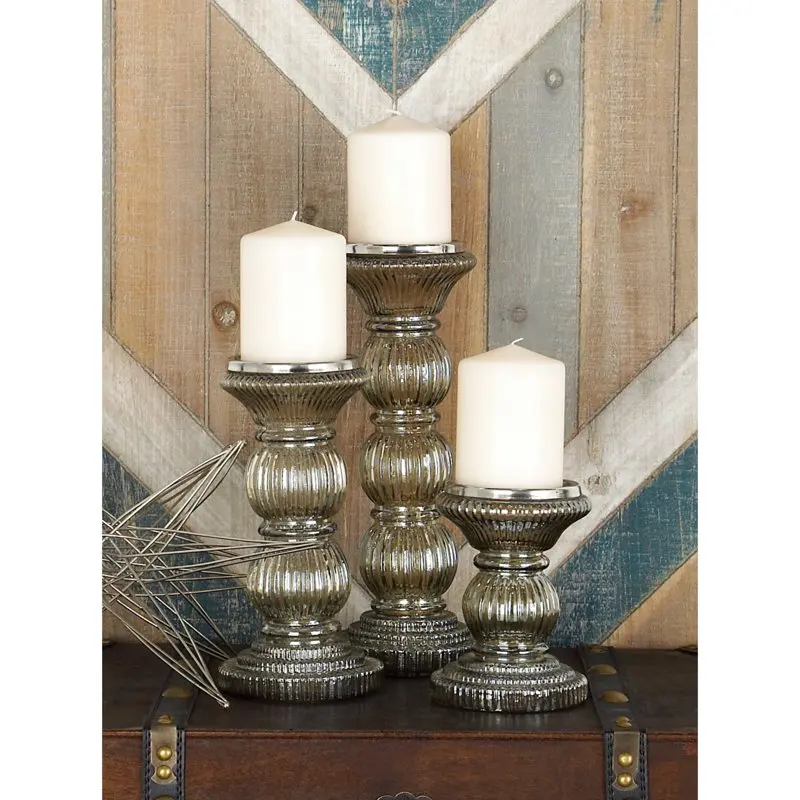3 Candle Gray Glass Handmade Turned Style Pillar Candle Holder, Set of 3