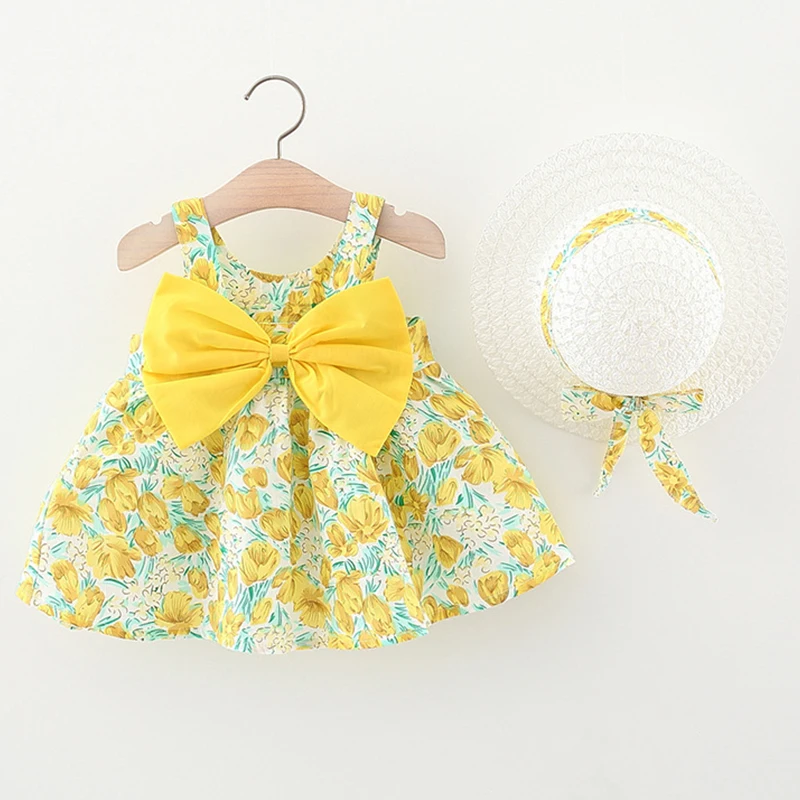 

2Piece Summer Baby Dresses Fashion Flower Cute Bow Cotton Beach Princess Dress+Hat Girls Boutique Outfits Infant Clothes BC177