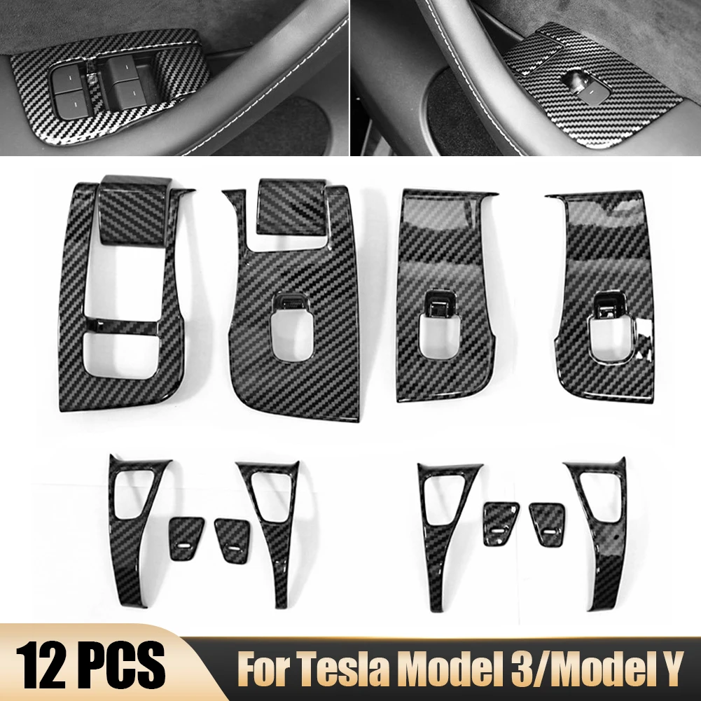 

14 Pcs Door Window Lift Switch Panel Trim Bezel Self Adhesive Carbon Fiber ABS Switch Panel Cover Sticker for Tesla Model 3 Y