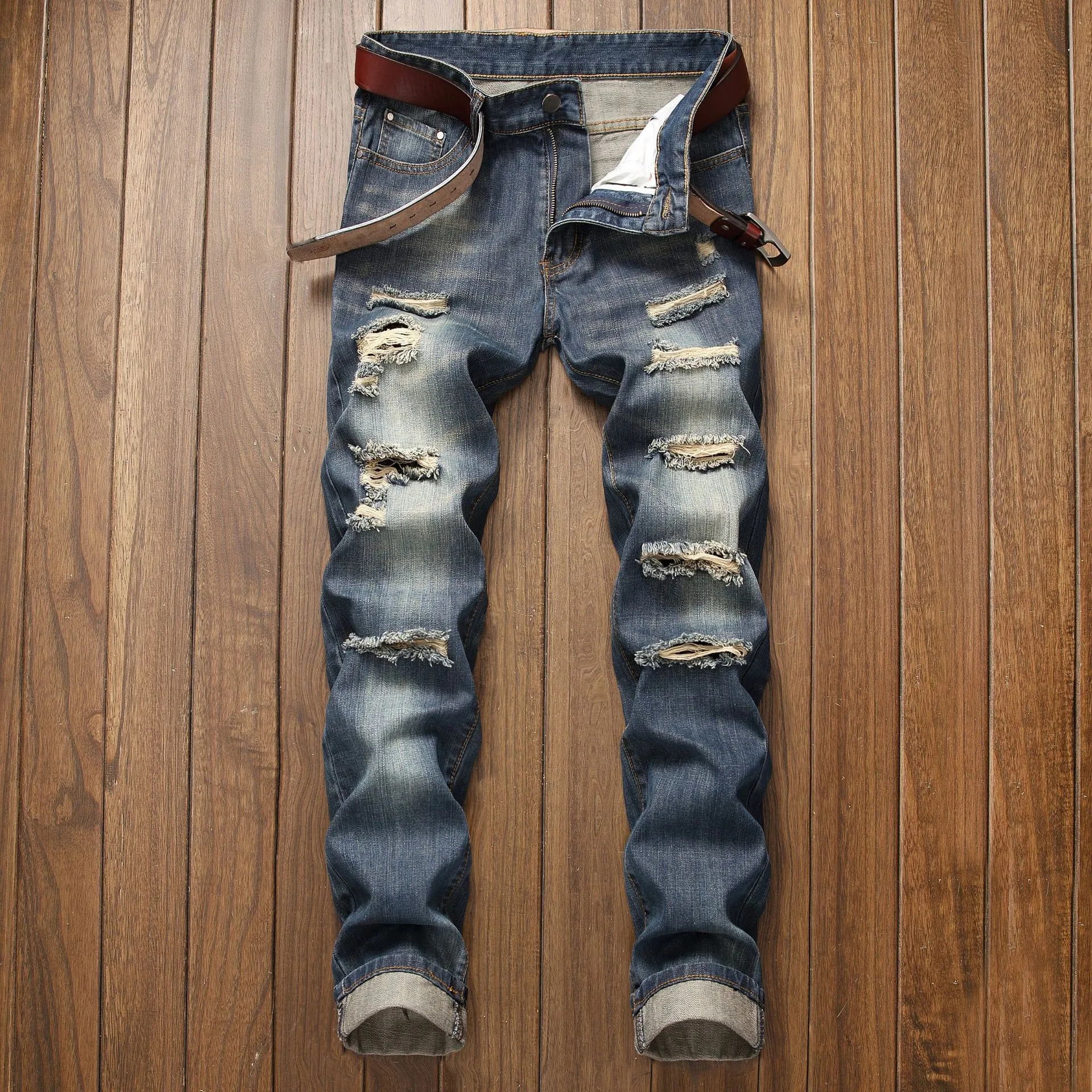 High Quality Men's Casual Ripped Jeans Washed Straight Slim Motorcycle Biker Jeans Pants Male Denim Trousers Plus Size