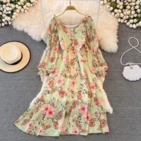 floral puff sleeve square neck dress for women spring autumn long sleeve bohemian long dress lady holiday casual a line vestidos