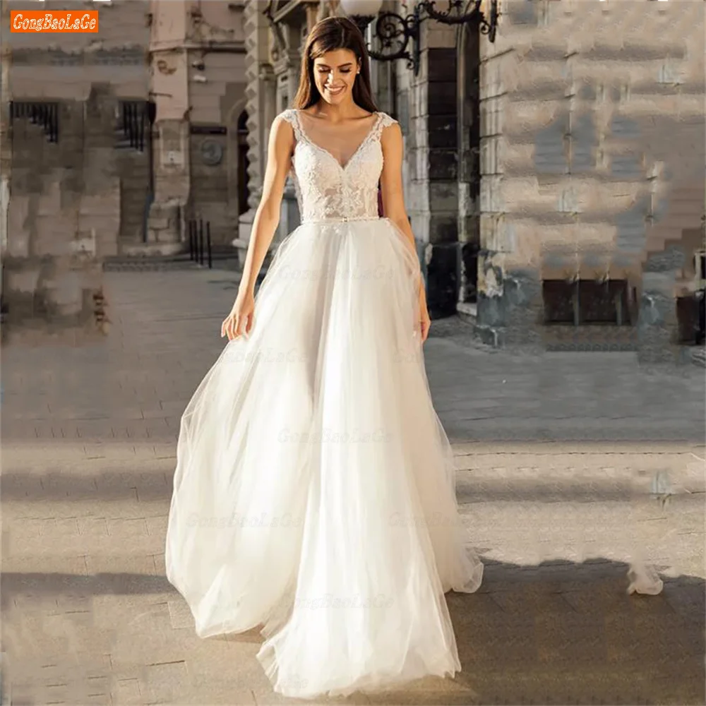 Купи Simple Romantic Round Neck Lace Bridal Wedding Dress Embroidered Mesh Button Trailing Vestido De Noiva Robe Mariee Custom за 5,309 рублей в магазине AliExpress