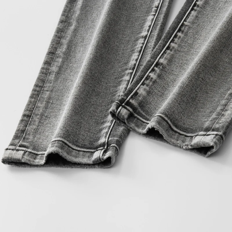 High Street Fashion Men Jeans Retro Gray Elastic Stretch Skinny Ripped Jeans Men Leather Patched Designer Hip Hop Brand Pants