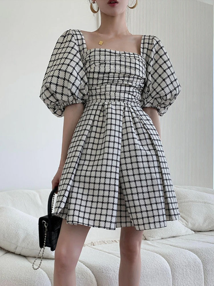 

HOUZHOU Elegant Plaid Dress Women Summer Mini Dress Casual High Street Square Collar Puff Sleeve Korean Fashion Sundress