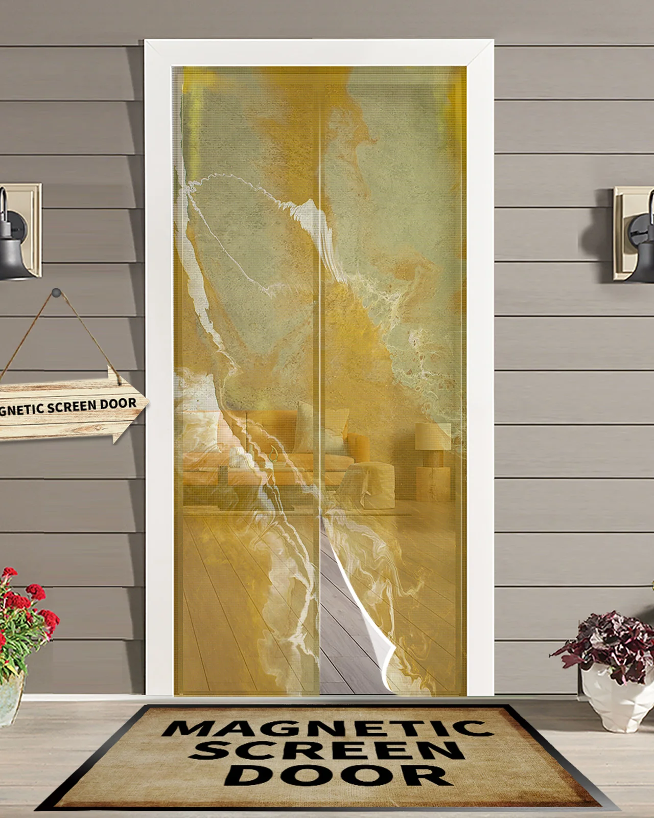 

Абстрактная желтая мраморная Современная Магнитная дверная занавеска от комаров, насекомых, летающих насекомых, семейная занавеска