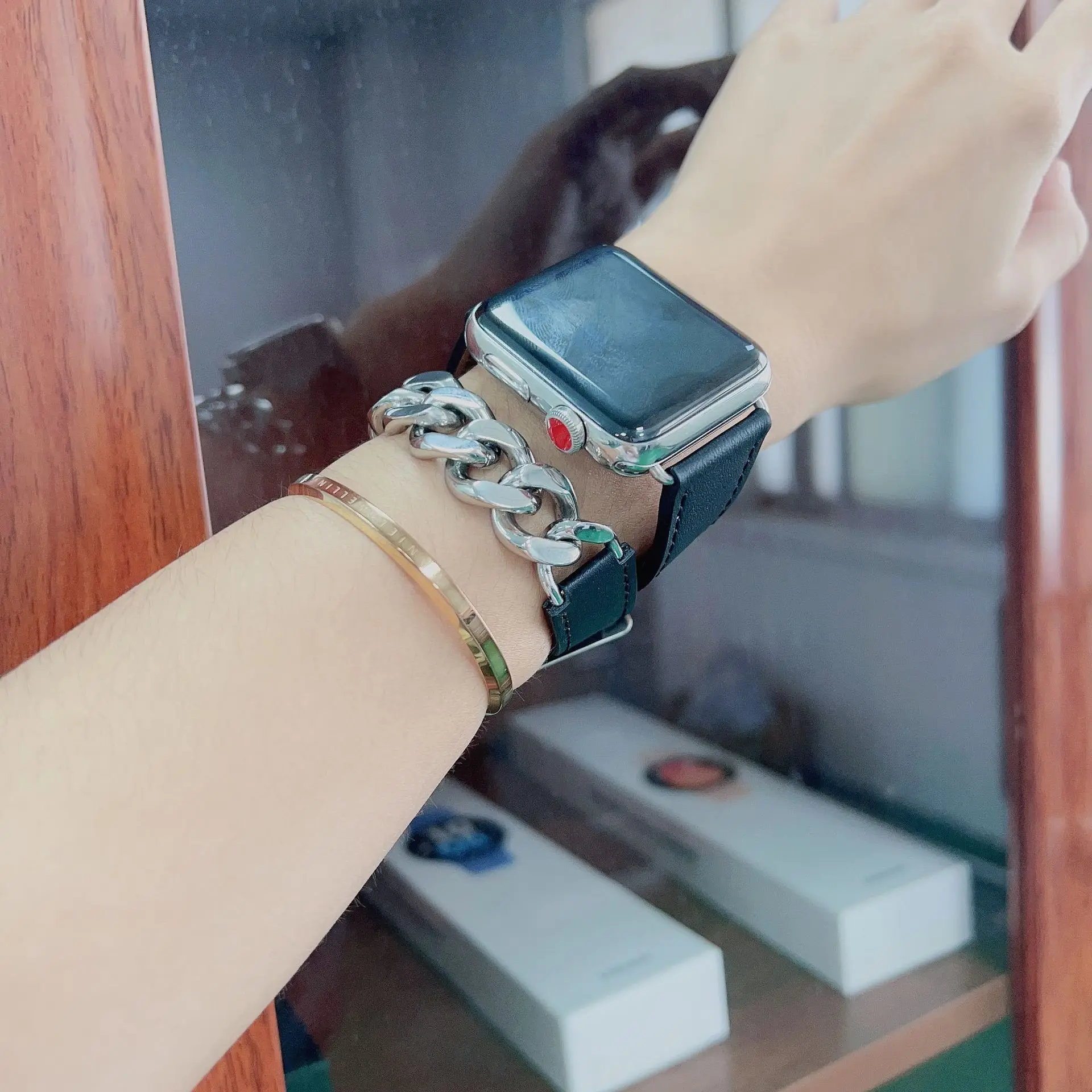 Leather Gourmette Metal Double Tour Strap For Apple Watch Band 49mm 41mm 45mm 40mm Leather Bracelet for iWatch series 8 7 6 SE 5