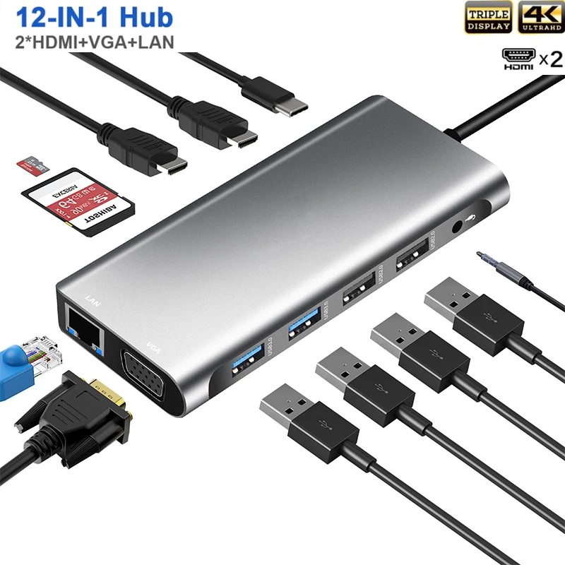 

USB C Hub Triple Display Dual Monitor Adapter Docking Station with 2 HDMI 4K VGA 1000Mbps Ethernet 100W PD Audio for MacBook Pro