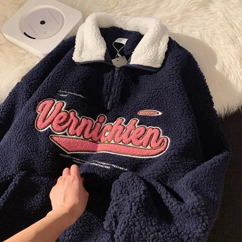

American retro street alphabet lamb wool warm oversize winter new lapel long-sleeved sweater women's all-match casual top Y2K