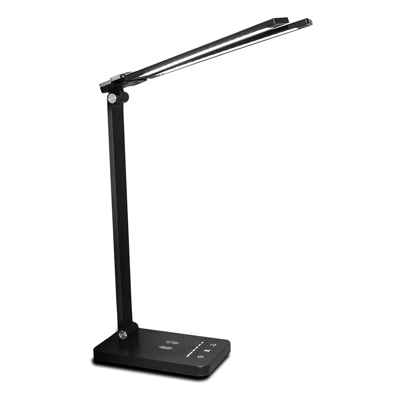 LED Desk Lamp, Foldable Double Head Wireless Charger Desk Lamp, 5 Lighting Modes & Fully Dimming Desk Light For Home