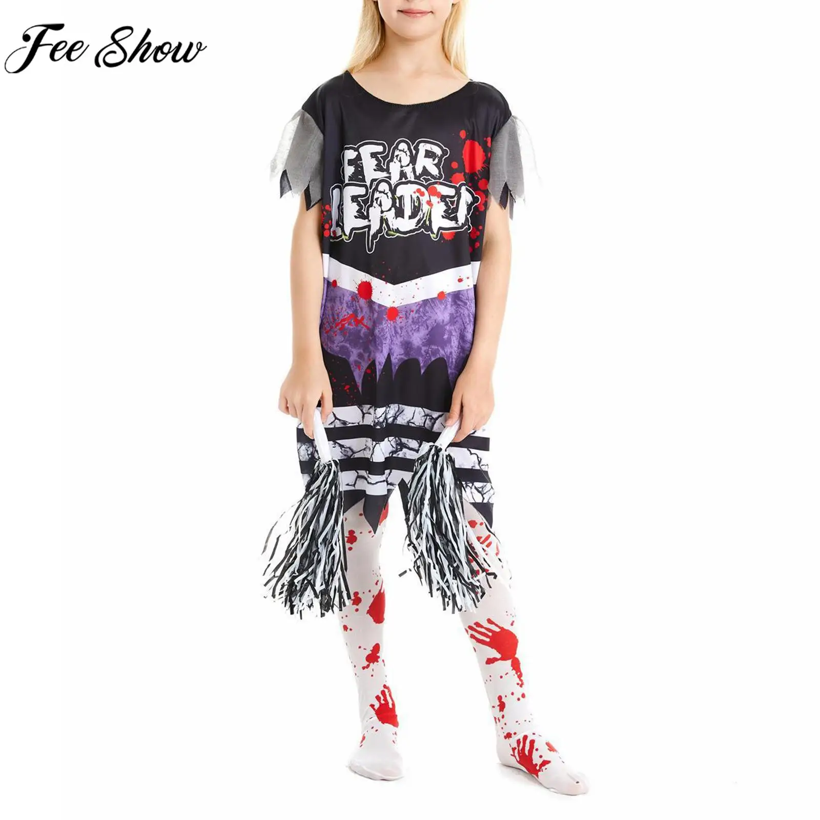 

Girls Horror Zombie Cheerleading Dance Outfits Bloody Dress with Stockings Flower Balls Halloween Theme Party Cosplay Costume