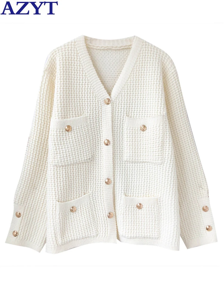 

AZYT Vintage Style Sweater Female Cardigan V Neck Pocket Buttons Women Sweater Coat 2022 Autumn Soft Knit Sweaters Mujer Tops