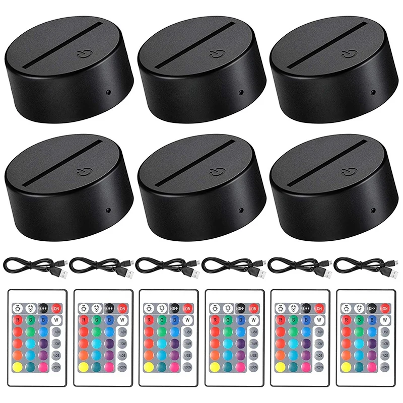 

6 Pieces 3D Night LED Light Lamp Base 16 Colors Base, Decorative Light Lamp Base for Acrylic and Resin Glass (Black)