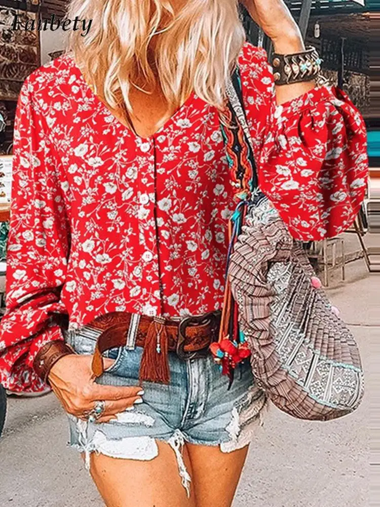 

Женская блузка с длинным рукавом, элегантная рубашка с принтом и V-образным вырезом, Повседневный пуловер, уличная одежда, лето 2022