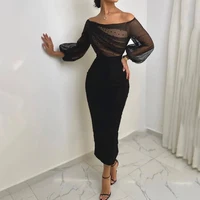 2022 Black Off the Shoulder Prom Dresses Long Sleeves Ruched Beading Top Evening Dresses Tea-Length Sheath Wedding Party Dresses