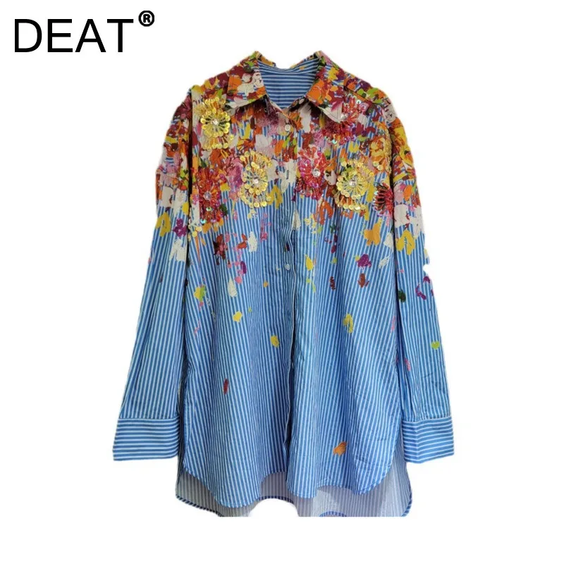 DEAT женская рубашка свободная однобортная блузка в полоску с принтом и блестками