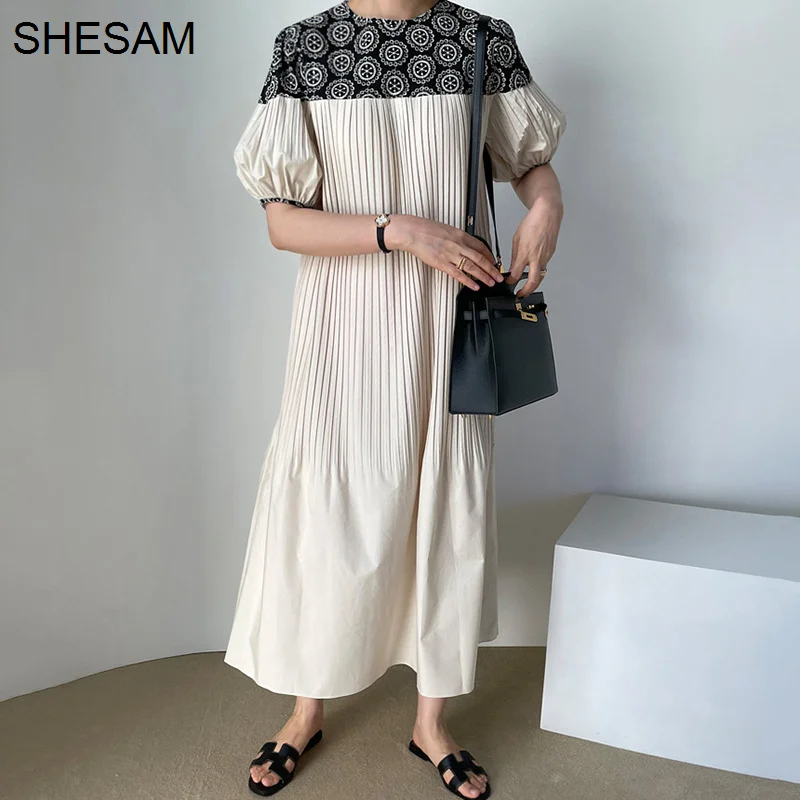 

Женское платье с круглым вырезом, свободное плиссированное платье в Корейском стиле с цветочным принтом и рукавами-фонариками, лето 2022