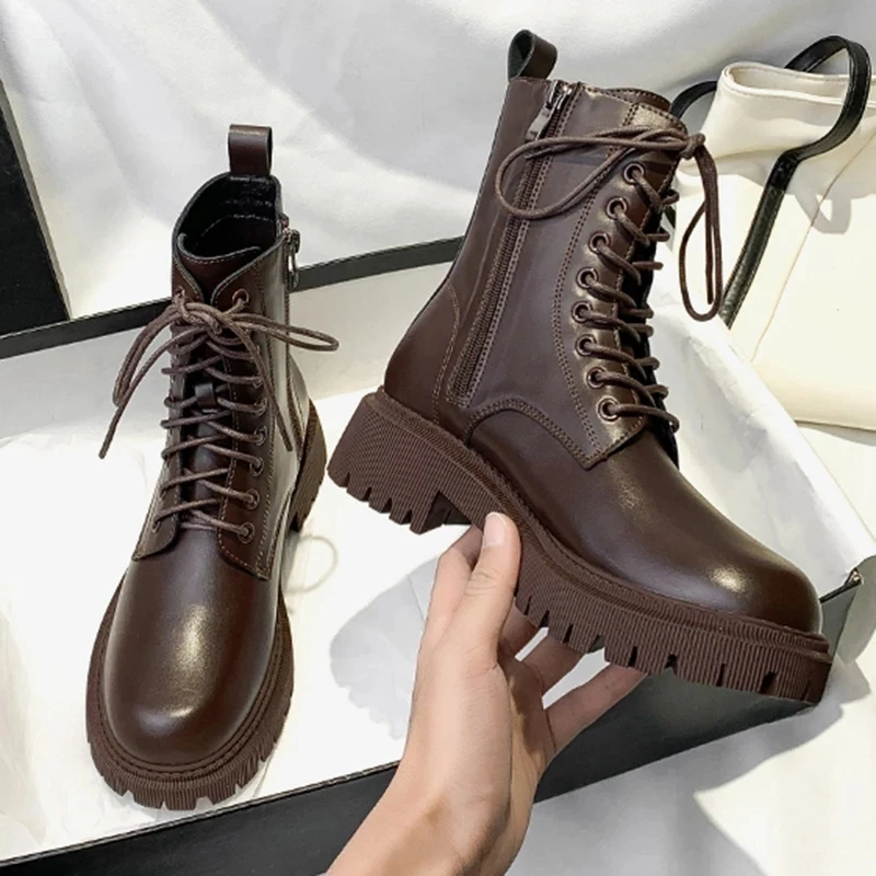 

Rimocy Platform PU Leather Ankle Boots Women Autumn Winter Short Plush Warm Booties Woman 2022 British Retro Motorcycle Boots