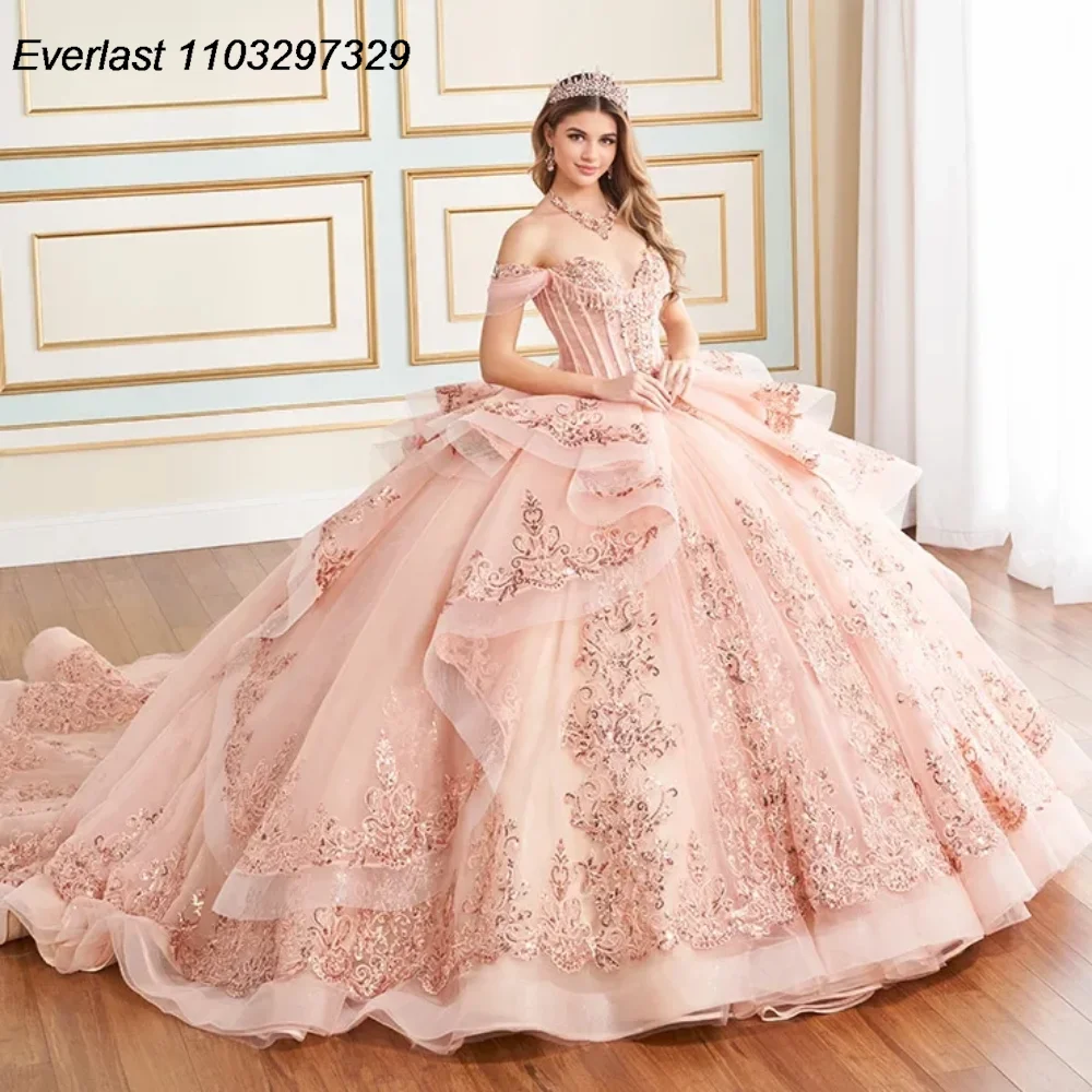 EVLAST индивидуальное румяно-розовое платье Quinceanera бальное с блестящей кружевной