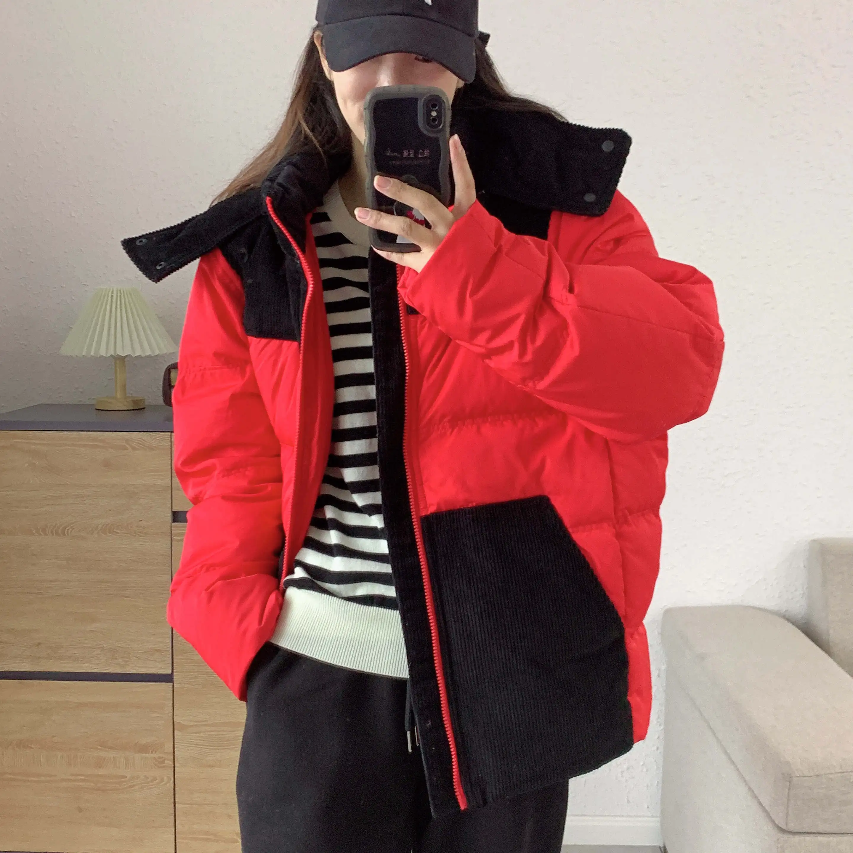 Korean high-quality winter down jacket simple cowhide splicing detachable hat men and women's thickened white duck down coat