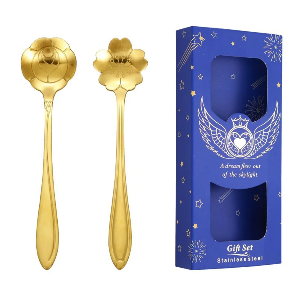 

2 Pcs Coffee Spoon Fork Set Ice Cream Shovel Spoon Tea Spoon Dessert Tableware Set W/ Box Christmas Tableware