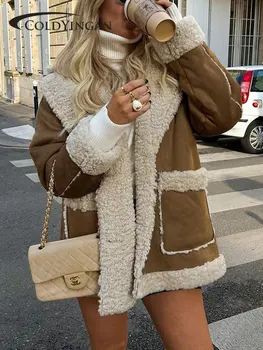 2022 Autumn Winter Women Warm Faux Fur Fleece Coat Jacket Lamb Wool Thickened Locomotive Lapel Female Chic Outwear Top Clothing 1