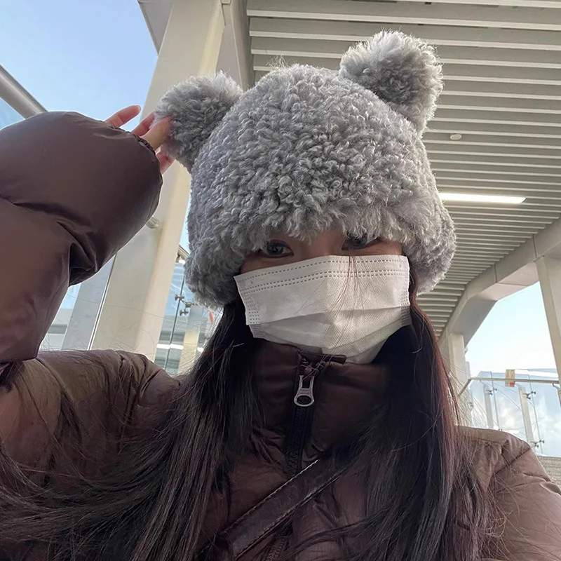 Зимняя Лыжная Шапка-бини с милым медведем однотонная теплая плотная плюшевая