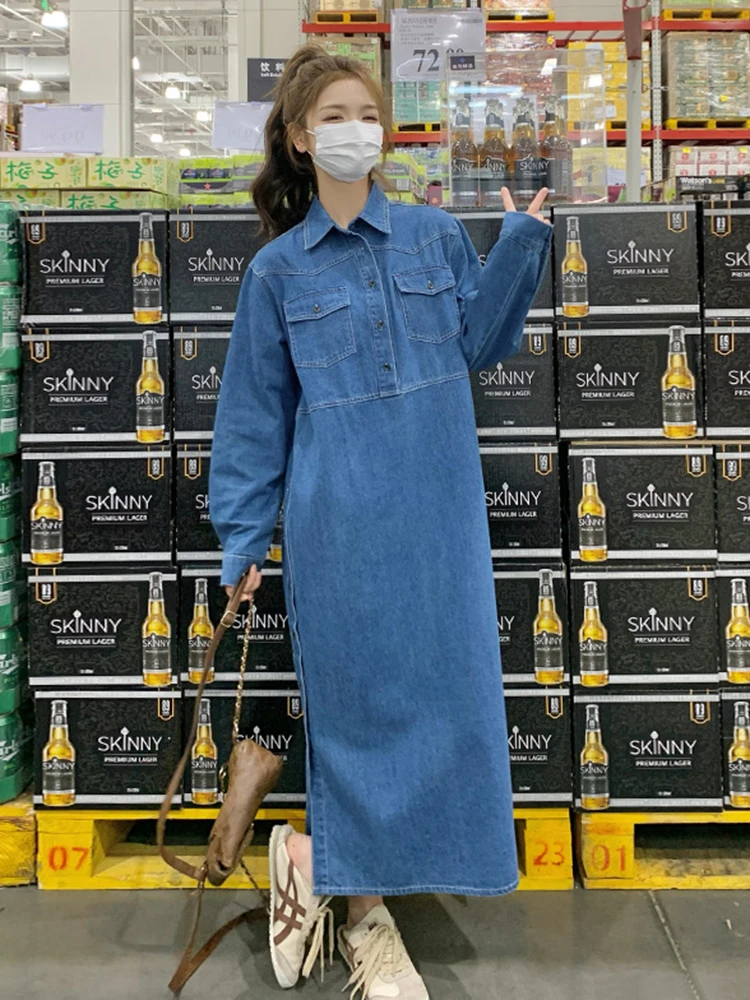 Платье женское джинсовое однотонное с отложным воротником и длинными рукавами