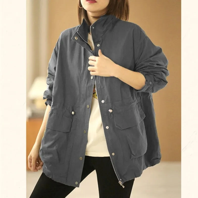 

Waist Windbreaker Women Loose Spring Autumn Wild Fashion Stand Collar Casual Jacket Long Sleeves Mid-Length Coat Female G2119