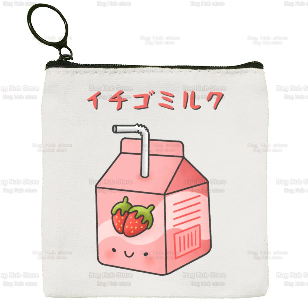 Japan Strawberry Juice Simple Canvas Coin Purse Cute Graphic Aesthetic Strawberry Cartoon Key Case Lady Bag Coin Storage Bag