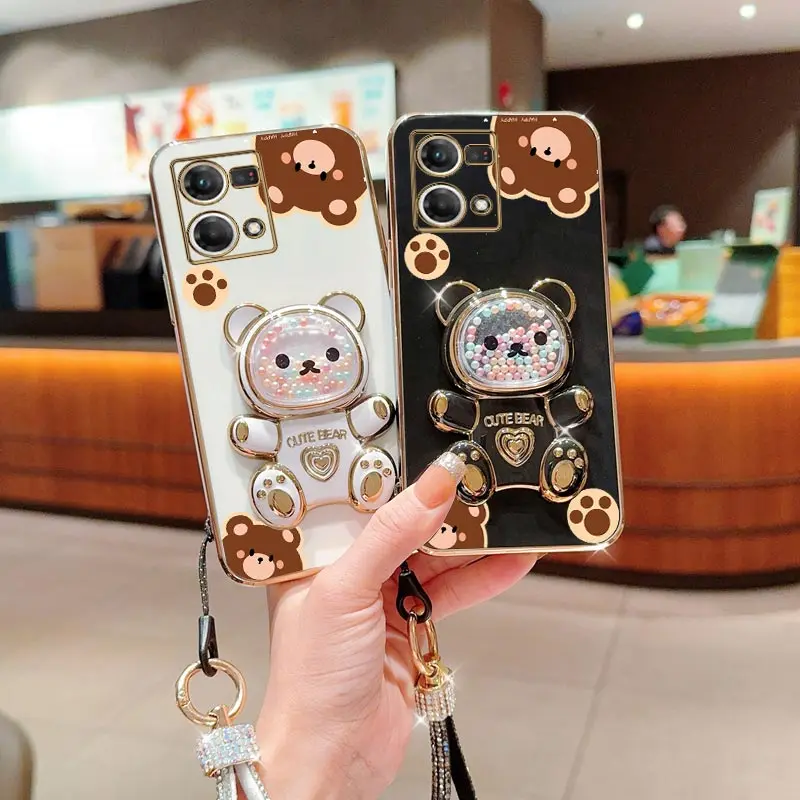 Diamond Wrist Strap Lanyard Cute Bear Phone Holder Case On For Oppo Reno ACE 2 Z 2Z 3 4 5 5K 6 7 SE Pro 4G 5G Stand Back Cover