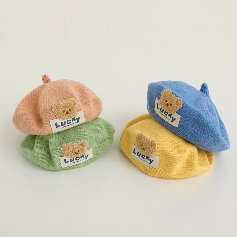 

Cartoon Bear Knitted Girls Headwear Baretti Kids Painter Hat Crochet Artist Hat Children Plush Bear Hat Korean Cap
