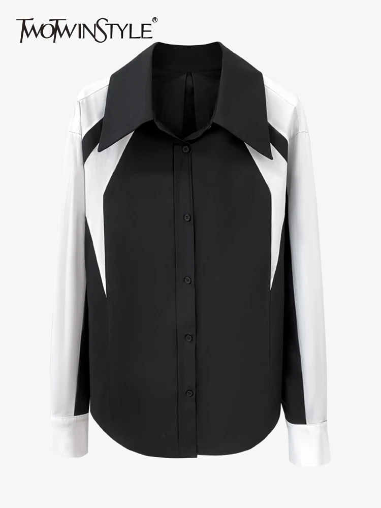 

TWOTWINSTYLE Patchwork Shirt For Women Lapel Long Sleeve Colorblock Loose Blouses Female Fashion Autumn Clothing 2022 Style New