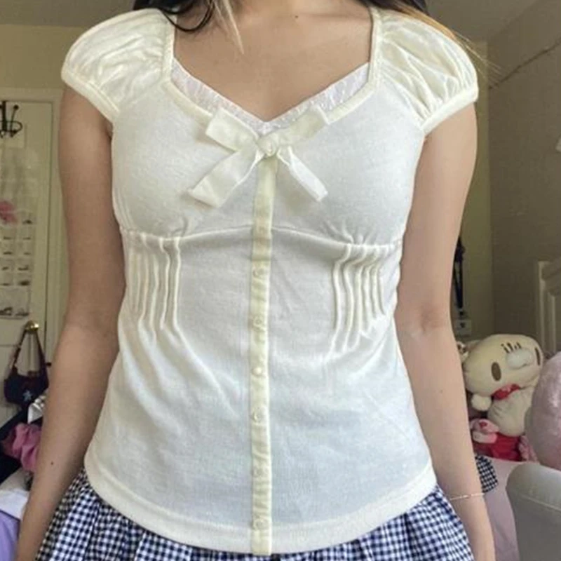 

Женская футболка с V-образным вырезом, коротким рукавом и бантом