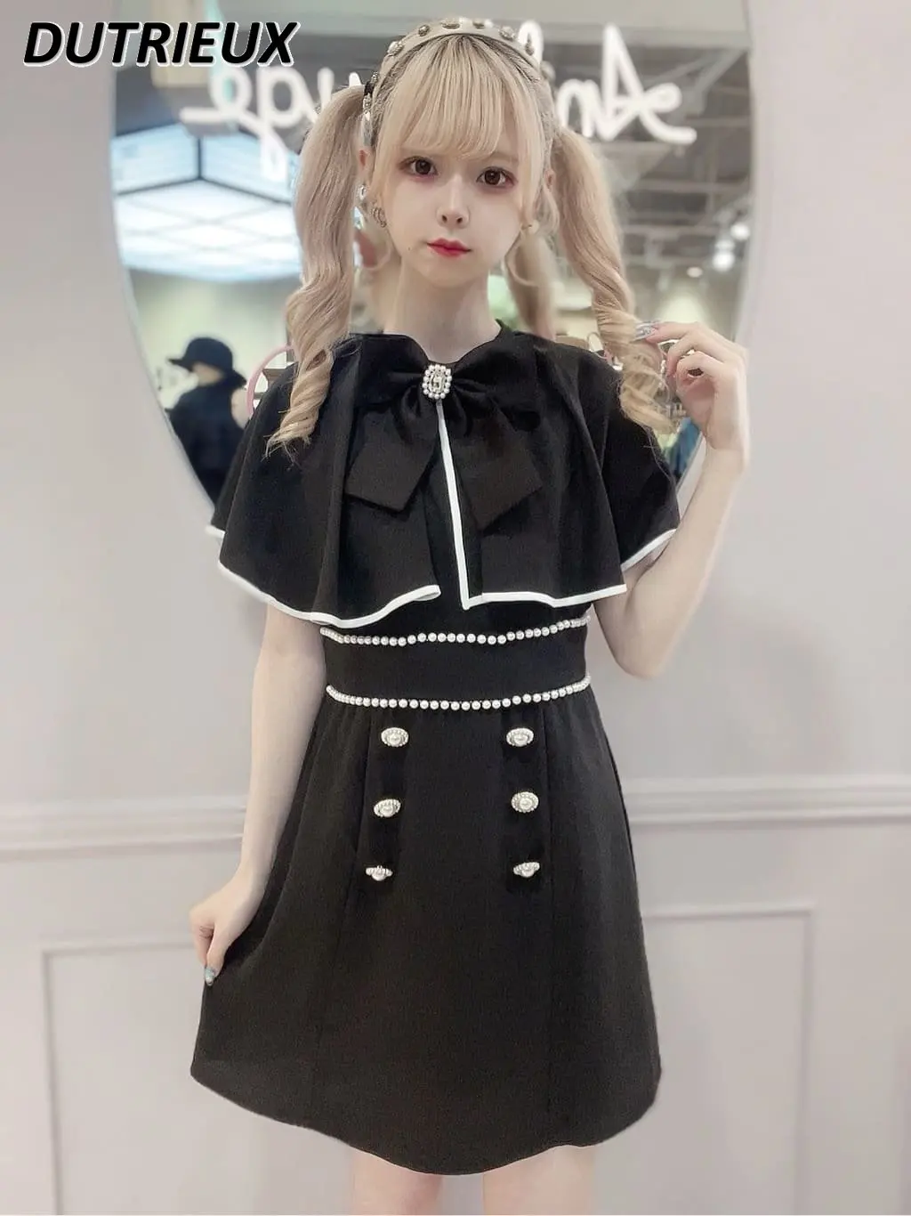 Sweet Girl Short Sleeve Button Decoration Black Dress 2023 Summer New Japanese Style Sweet and Cute Bow Dress for Women