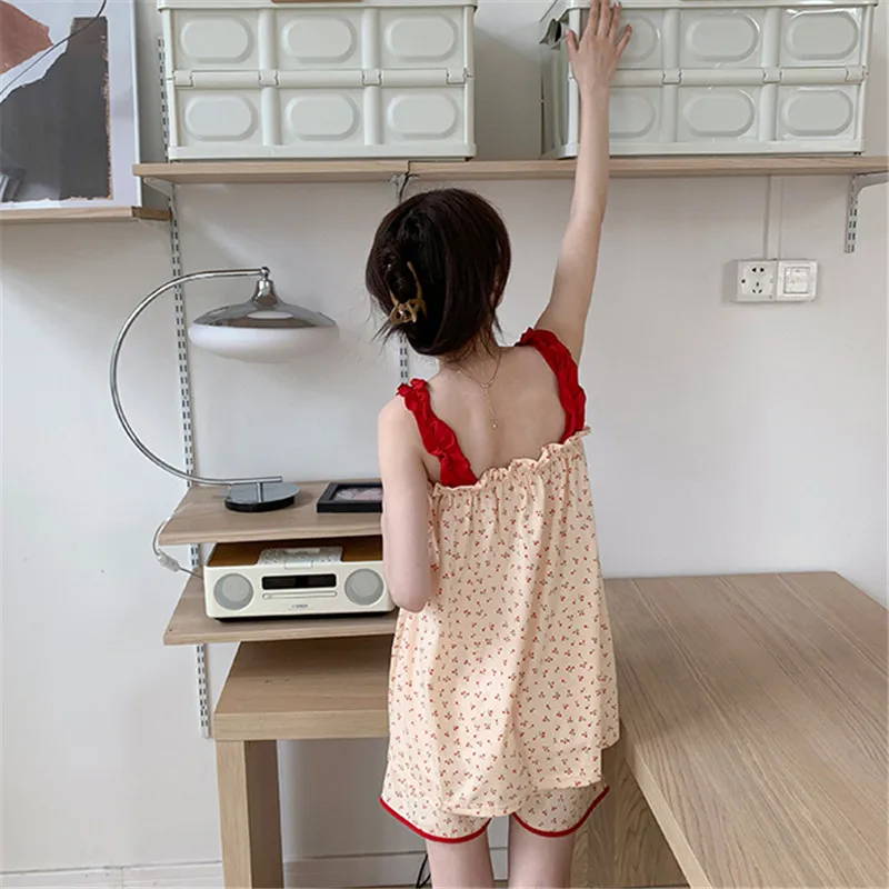 CAIYIER Korean Flower Print Sleepwear Sling Short Top+Shorts Ruffle Nightwear Sweet Girls Simple Ulzzang Pajamas Mujer Homewear