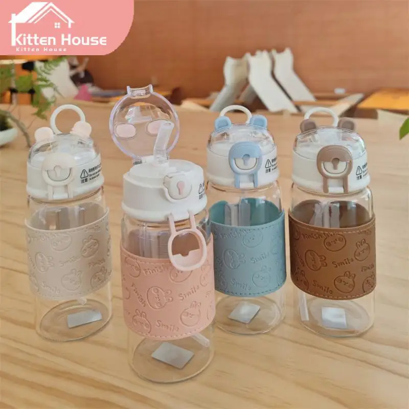 

With Leather Cover Anti-scalding Cup 380ml Fresh Glass Water Cup Couple Cup Bear Straw Water Cup Straw Water Cup