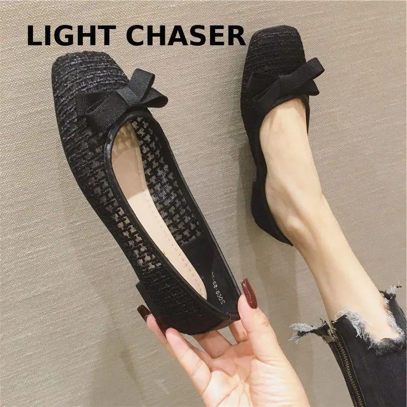 2022 Spring Summer New Square Head Shallow Mouth Women's Shoes Breathable Hollow Loafer Fashion Casual Flat Mesh Shoes Zapatos